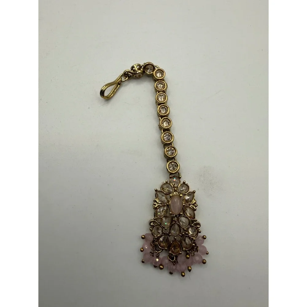 Antique Gold Tone‎ Pink Crystal Maang Tikka Indian Bridal Hair Jewelry Forehead
